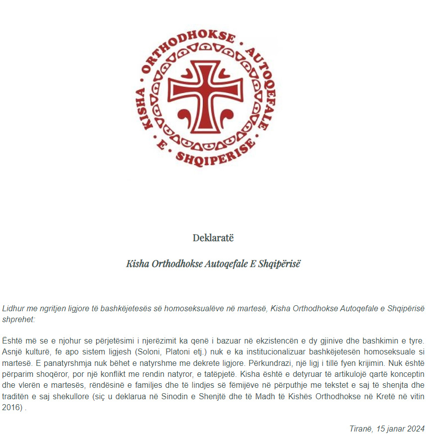 Православната црква на Албанија за истополовите бракови: „Она што не е природно, не може преку закон да стане природно“