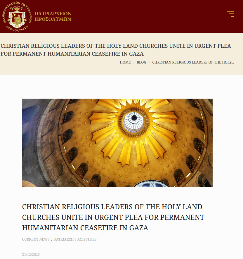 Христијанските религиски водачи на црквите во Светата Земја се обединуваат во итен апел за траен прекин на огнот во Газа